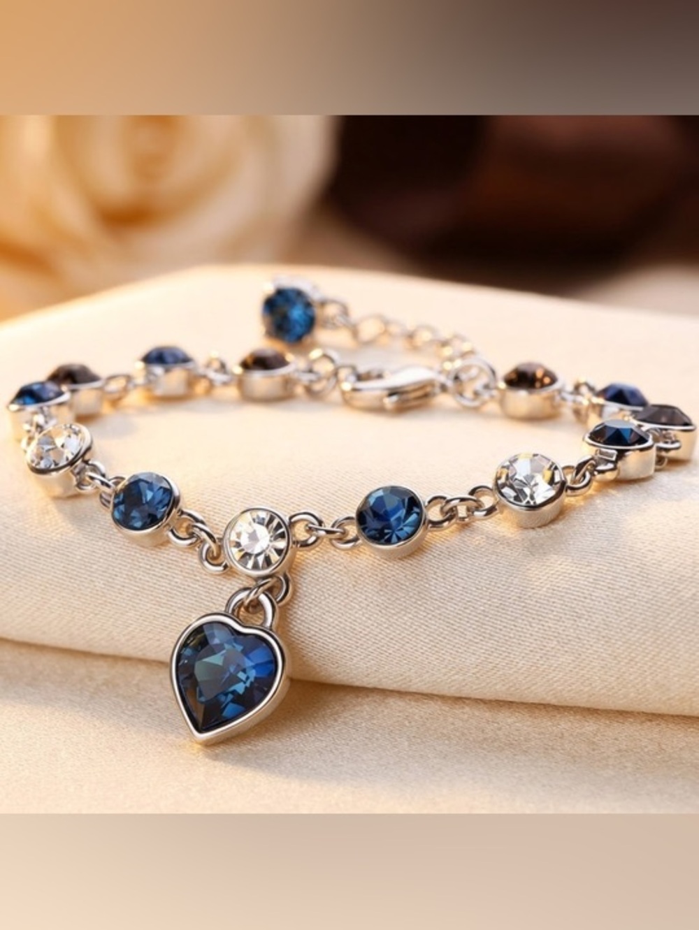 Silver-Tone Blue Crystal Heart Charm Bracelet - Women's Jewelry